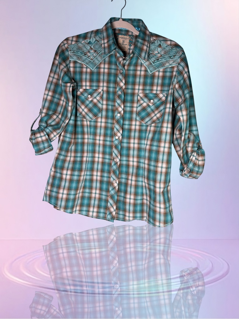Panhandle Shirt Womens  Long Sleeve Snap Up Blue Plaid Embroidered Rodeo Sz S